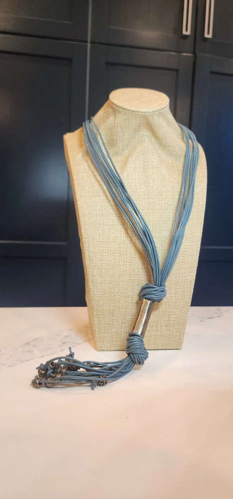 Vintage Blue Leather Tassel Necklace - photo 5