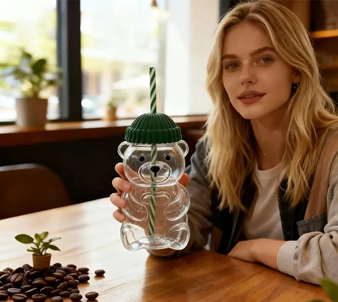 Bear Water Bottle with Straw - Green Lid