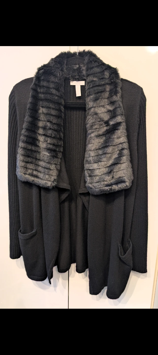 Black Cardigan with Faux Fur Collar