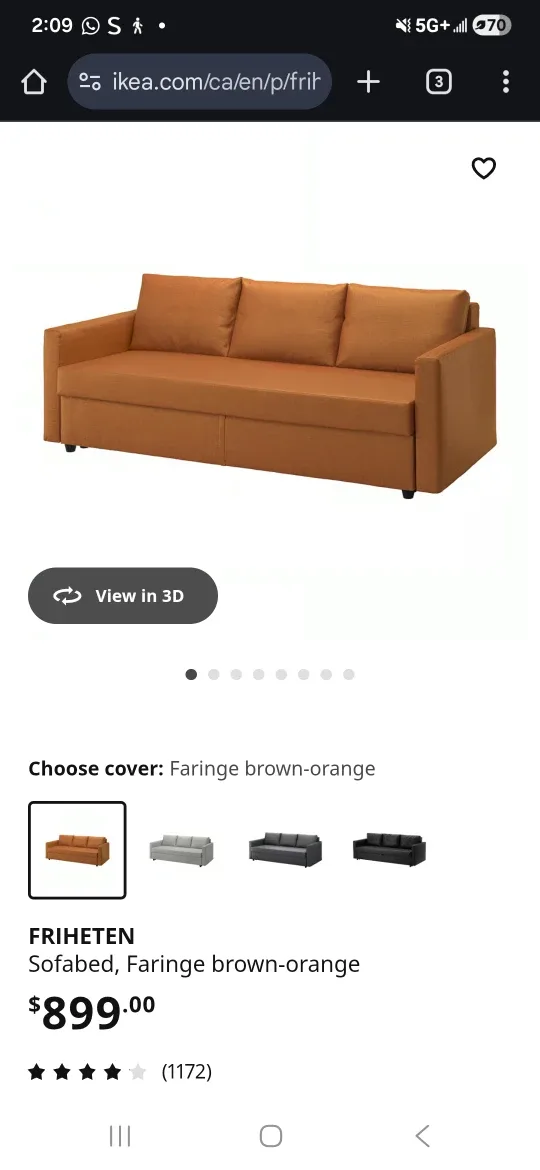 New in Box! IKEA FRIHETEN Sofabed, Faringe Brown-Orange -
