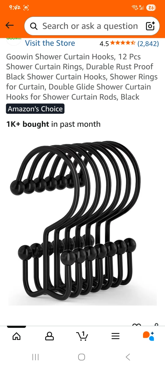 Shower Curtain Hooks, 12 Pcs Black