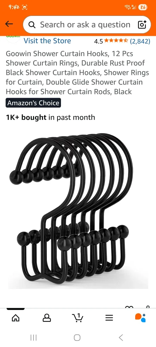 Shower Curtain Hooks, 12 Pcs Black