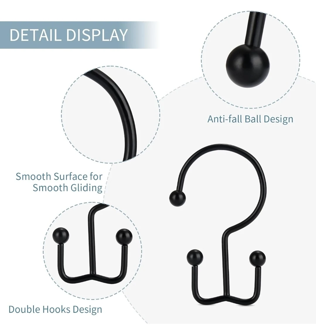 Shower Curtain Hooks, 12 Pcs Black - photo 5