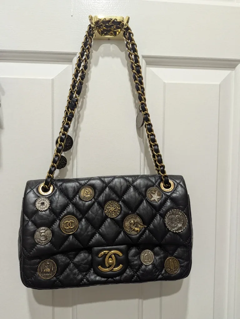 Chanel Black Leather Coin Embellished Flap Bag