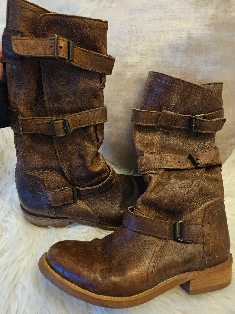 Bronx Brown Leather Mid-Calf Buckle Boots