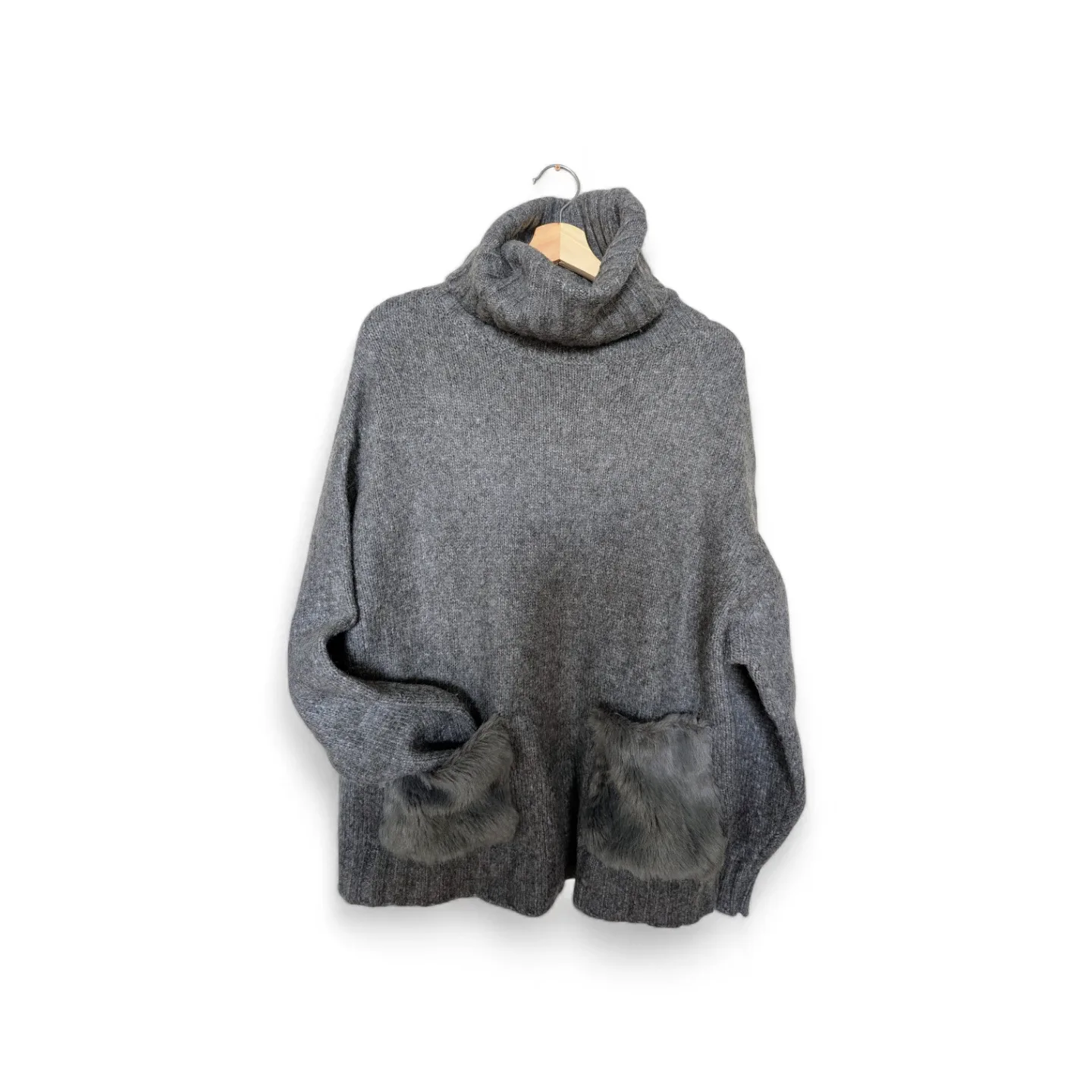 Grey Turtleneck Sweater with Fur Pockets-size small