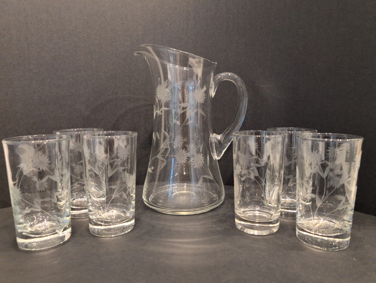 Vintage Etched Glass Pitcher, Vase, and 6 Tumblers