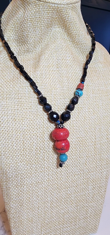 Beaded Statement Necklace - Red, Black, Turquoise - photo 3