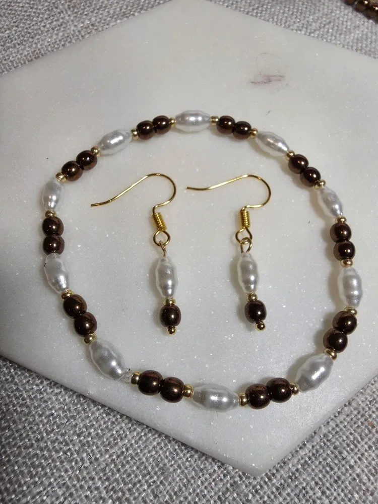 Pearl and Brown Bead Jewellery Set