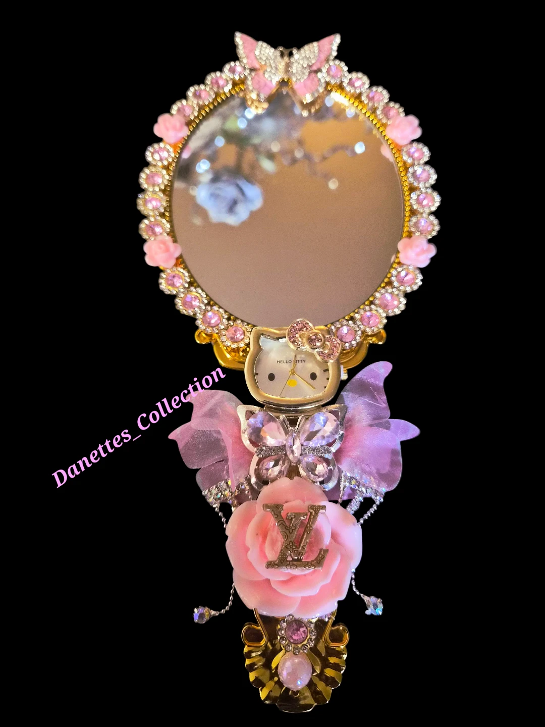 Handheld Mirror with  Kitty working Watch.