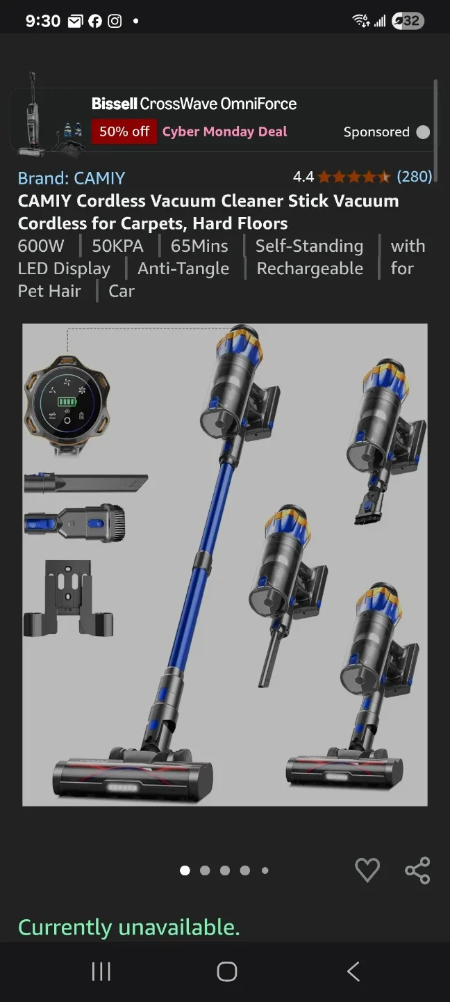 Cordless Vacuum Cleaner, 600W, 65Mins like new