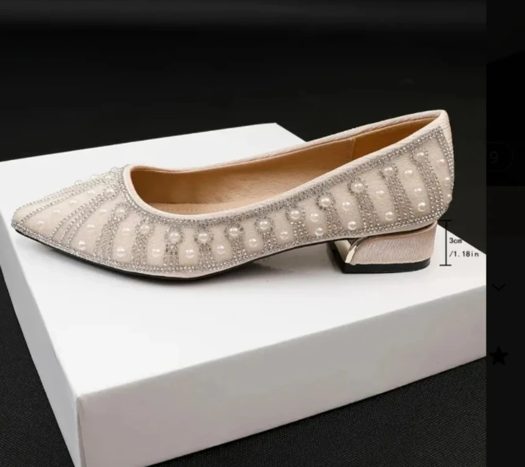 Beige Pearl Embellished Low Heel Pumps