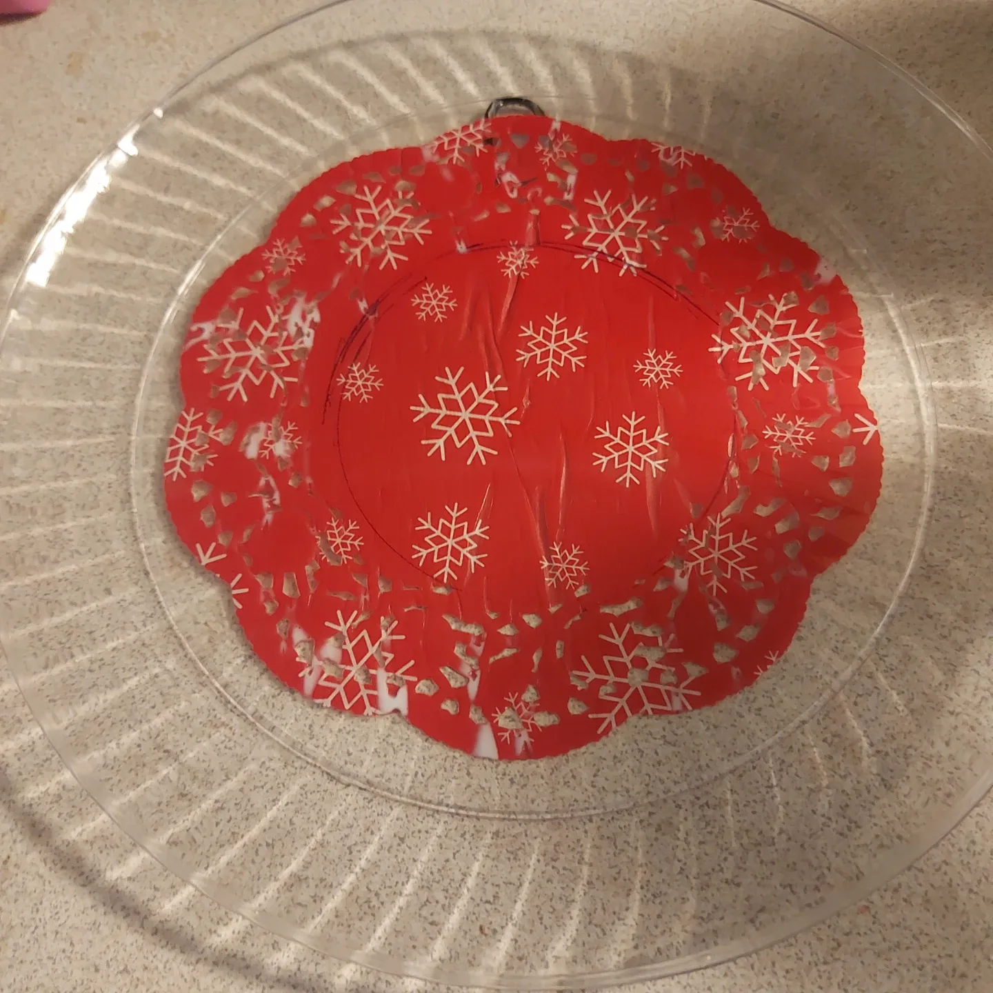 Clear Glass Plate with Red Snowflake Doily