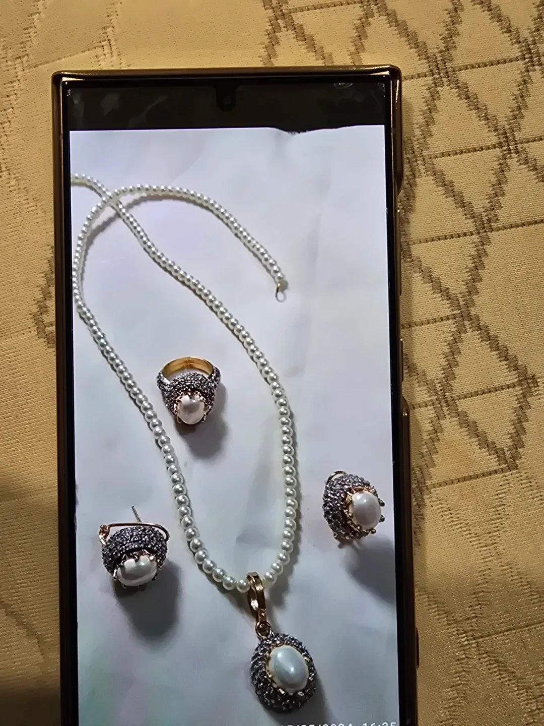 Pearl Jewelry Set: Necklace, Ring, Earrings