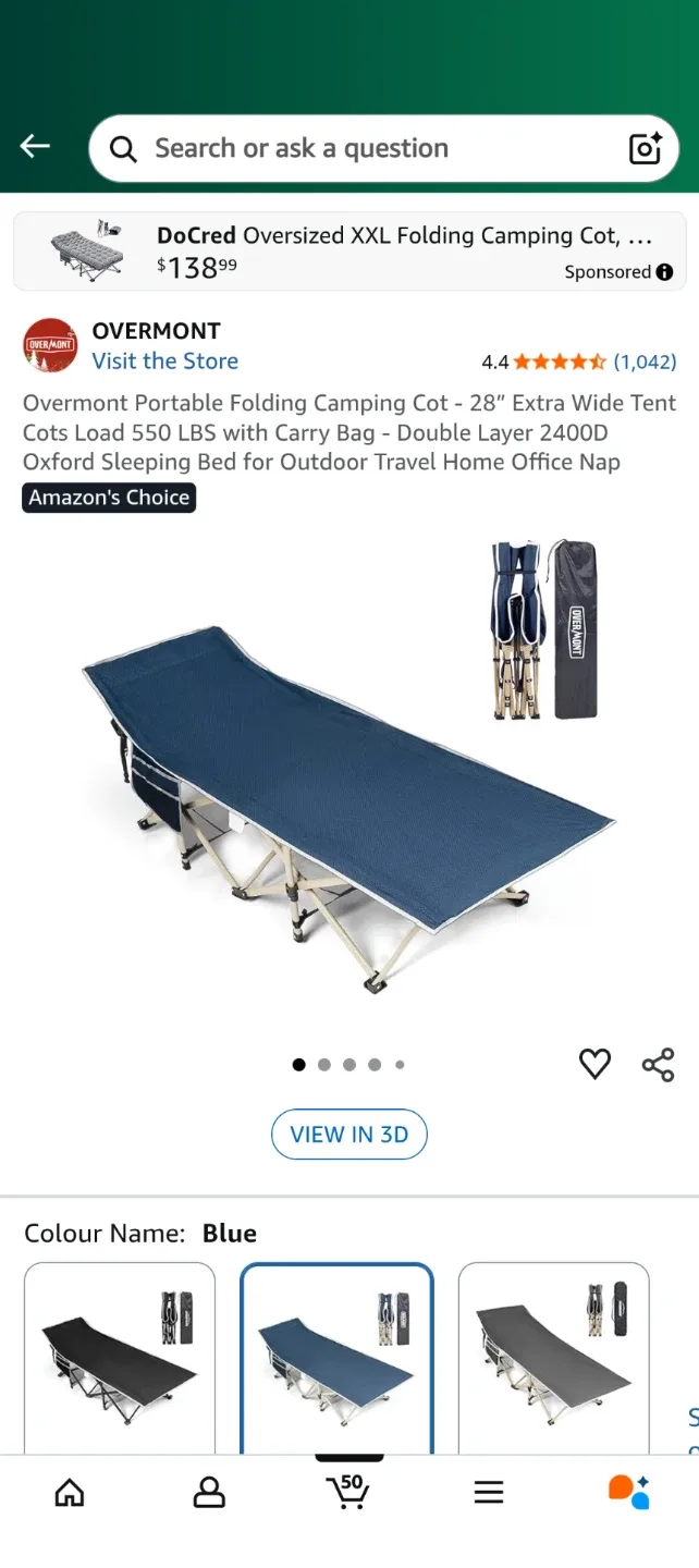 Overmont Portable Folding Camping Cot - Blue