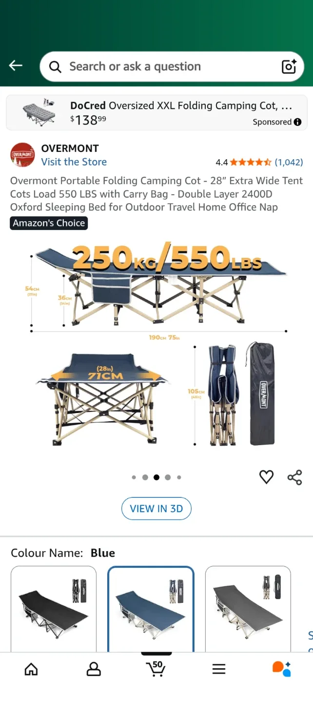 Overmont Portable Folding Camping Cot - Blue image indicator(2)