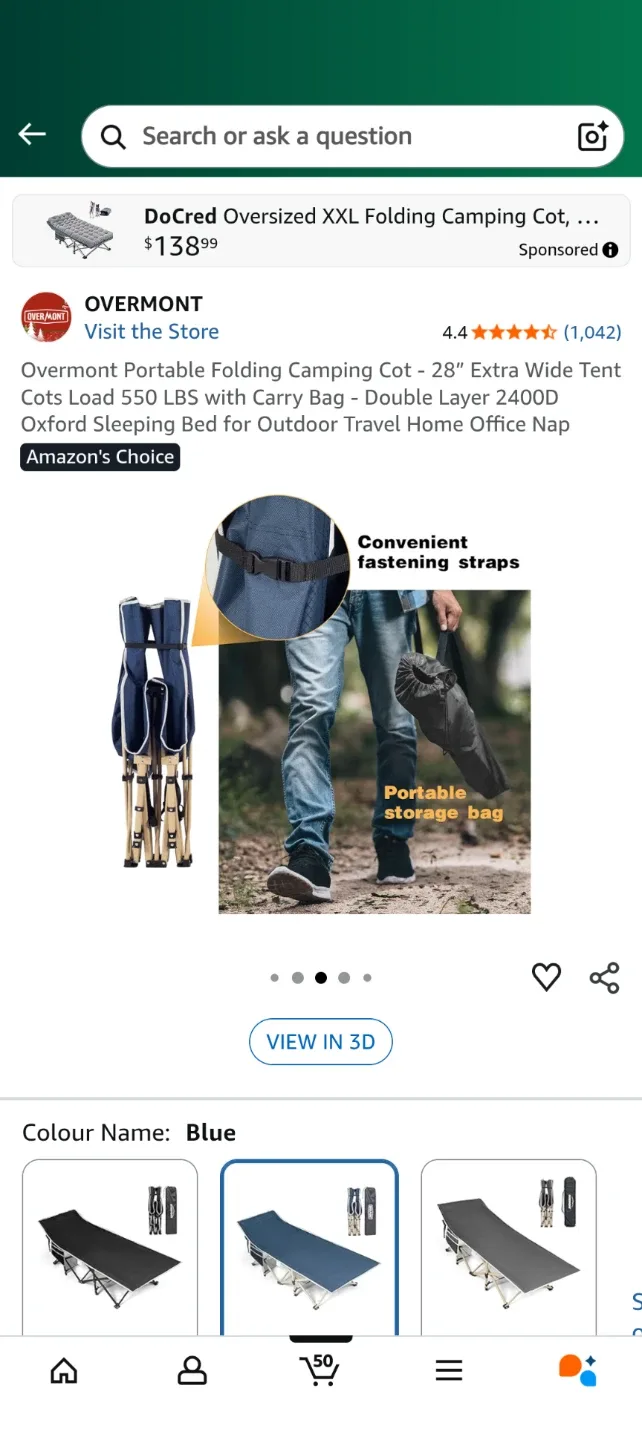 Overmont Portable Folding Camping Cot - Blue image indicator(4)