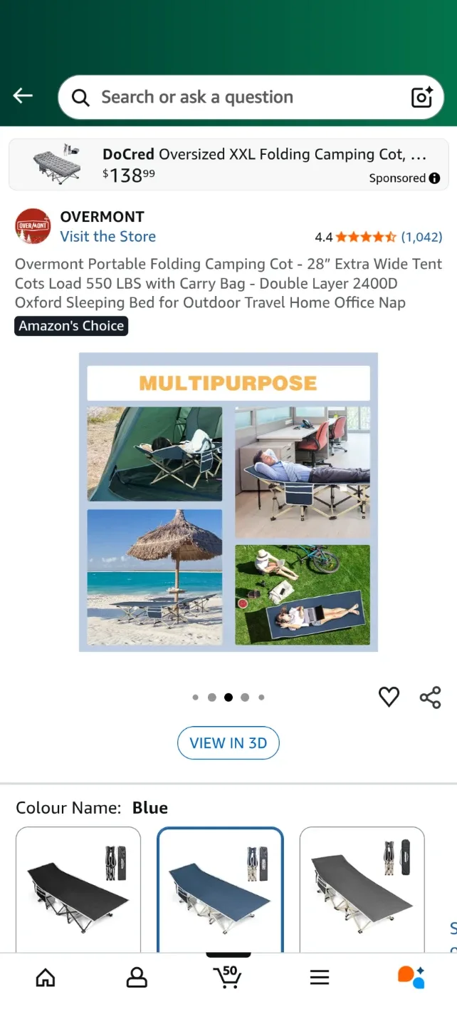 Overmont Portable Folding Camping Cot - Blue image indicator(7)