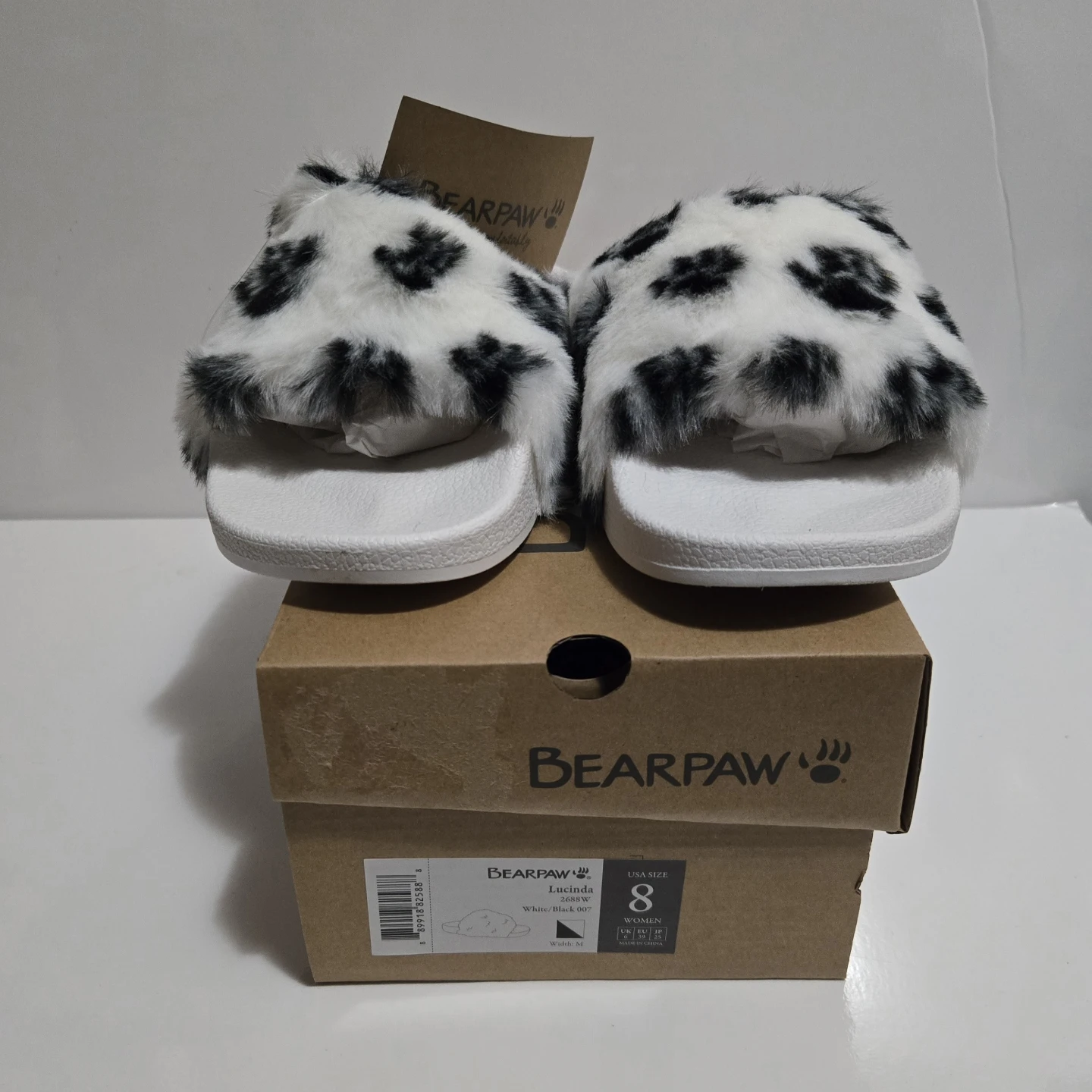 Bearpaw Lucinda Slides - Size 7 & 8, White/Black