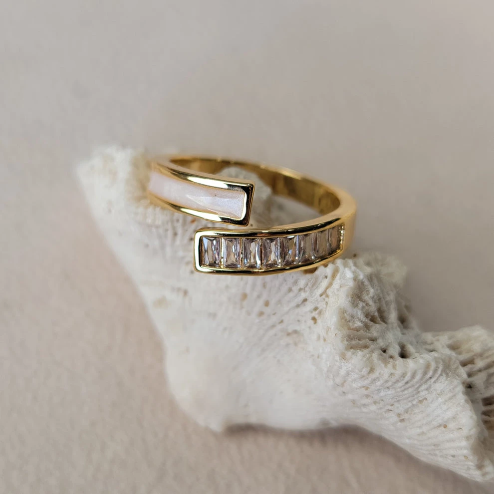 Gold Tone Ring with White Enamel and Crystals - photo 2