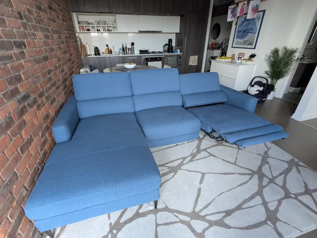 Mobilia Blue Fabric Sectional Sofa with reclining seat