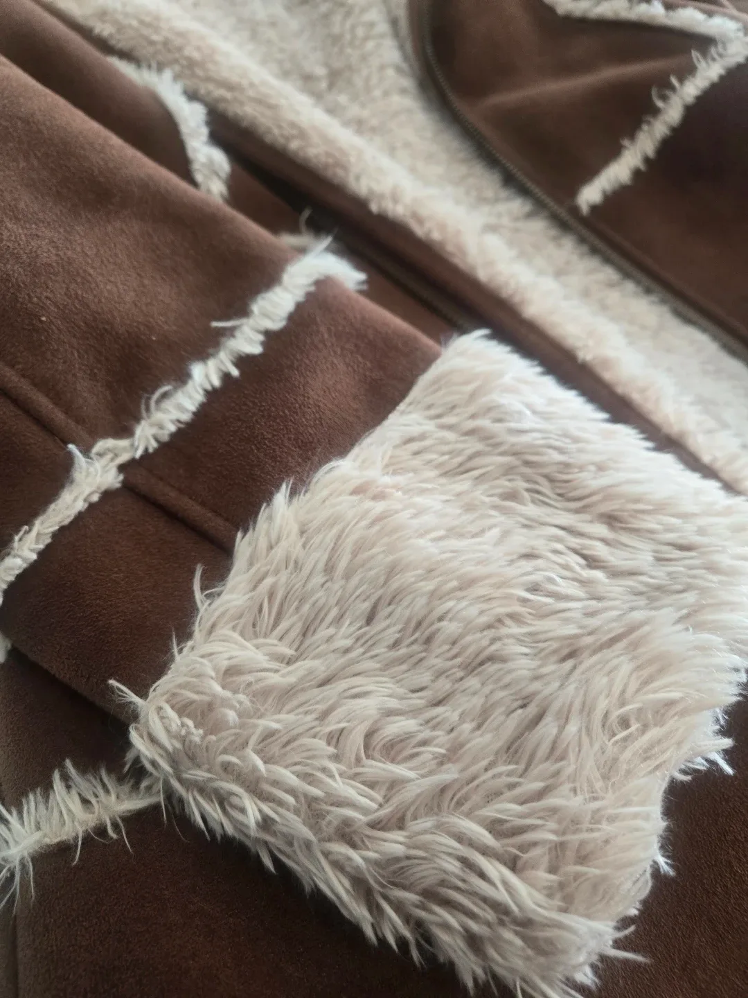Brown Faux Suede & Fur Trim Coat #cleanout image indicator(5)
