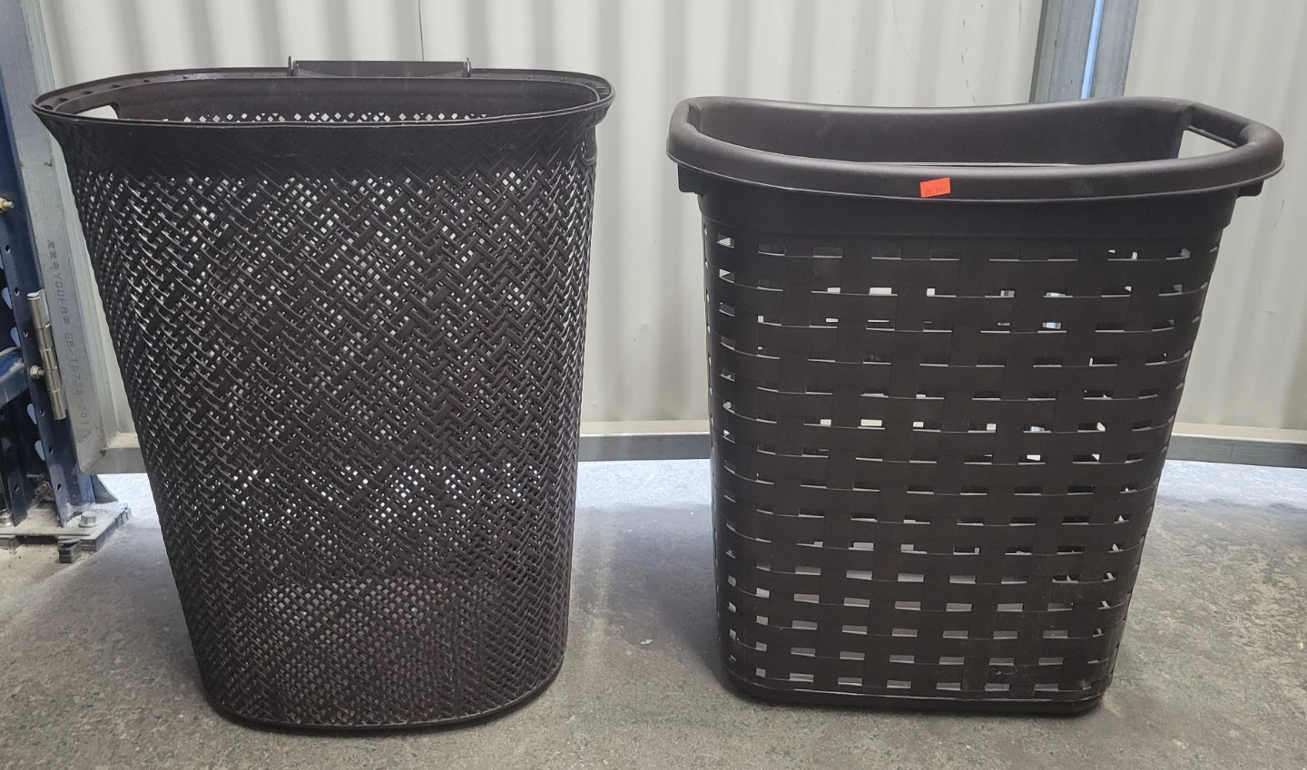 Two Brown Plastic Laundry Baskets
