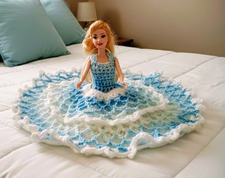 Handmade Crochet Doll Dress - Blue & White