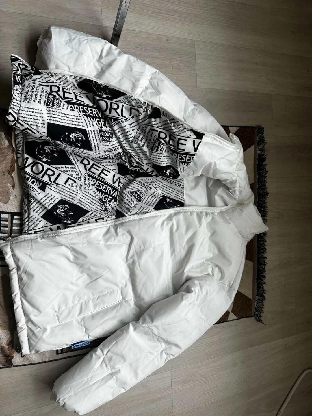 White Newspaper Print Puffer Jacket