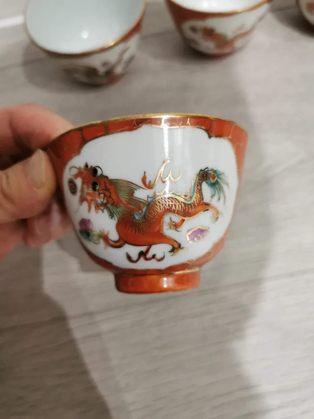 Set of 7 Vintage Tea Cups with Dragon and Phoenix  Design