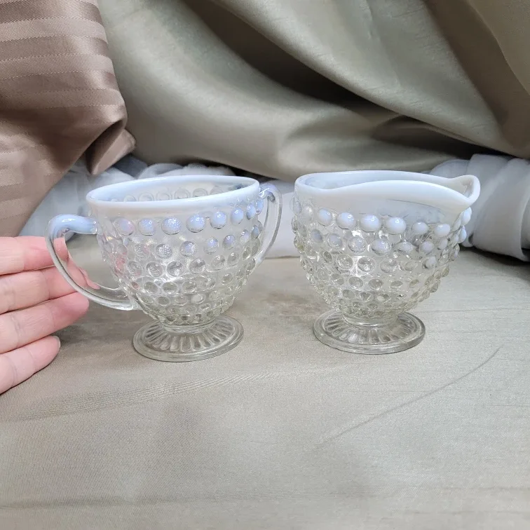 Vintage Anchor Hocking Moonstone Hobnail Cream and Sugar Set