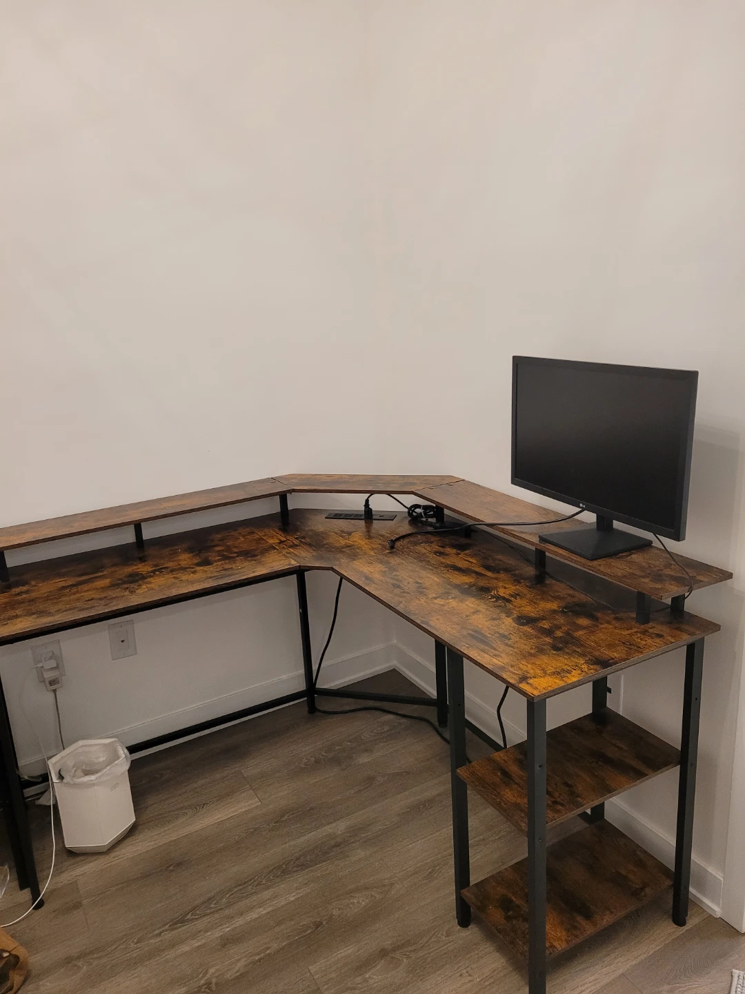 L-Shaped Brown Corner Desk with Shelves