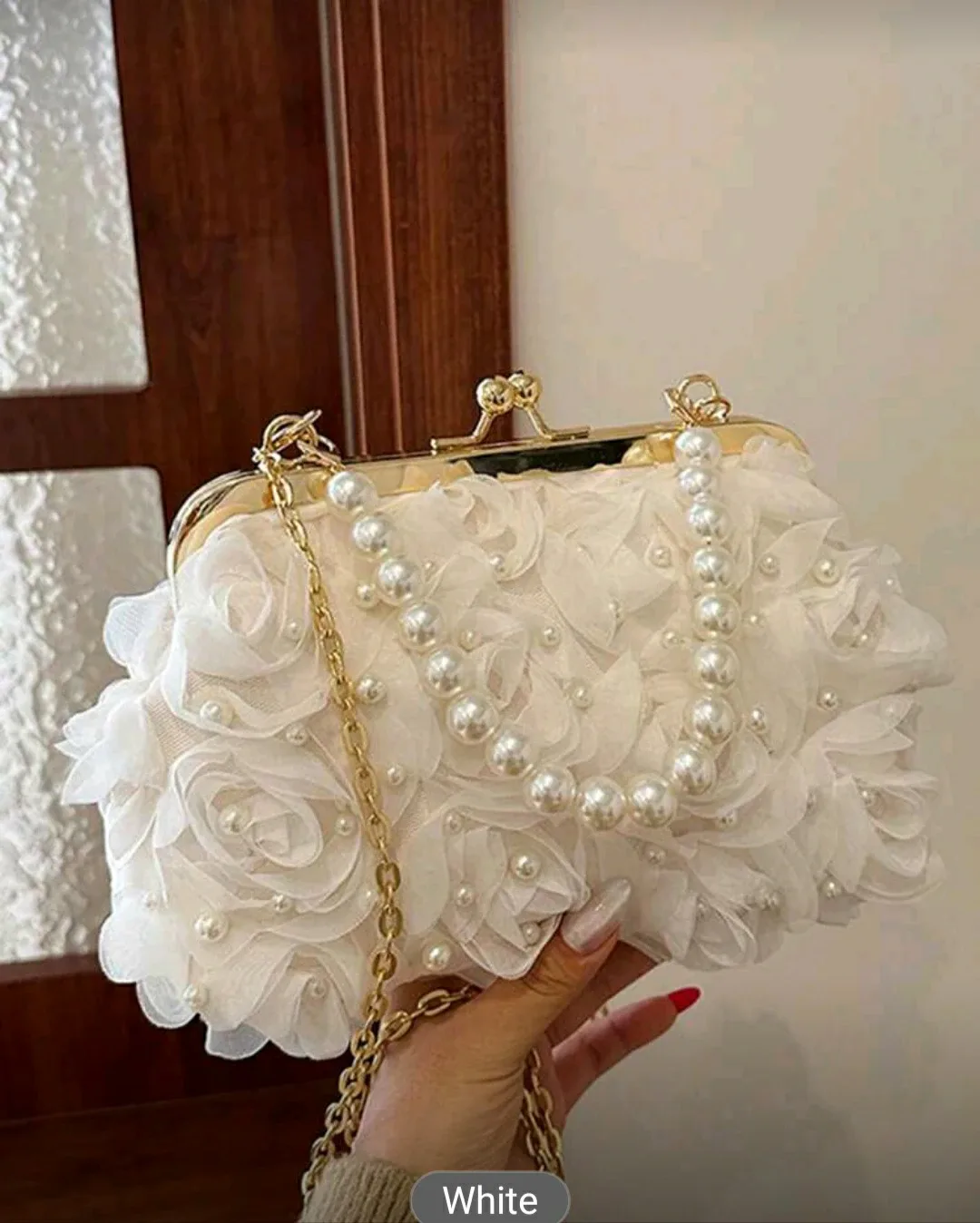 White Floral & Pearl Embellished Clutch