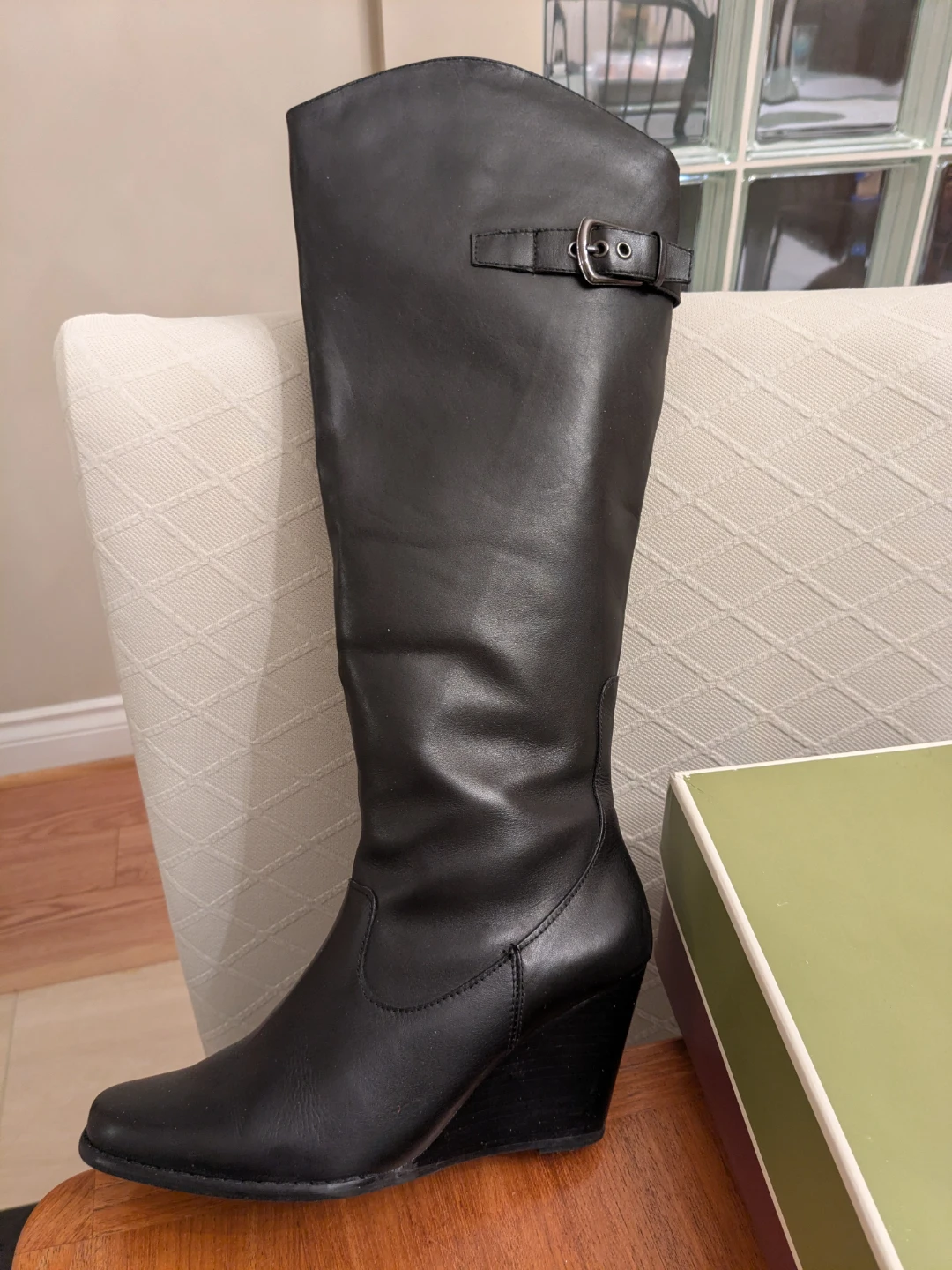 Black Leather Wedge Knee-High Boots - Size 38