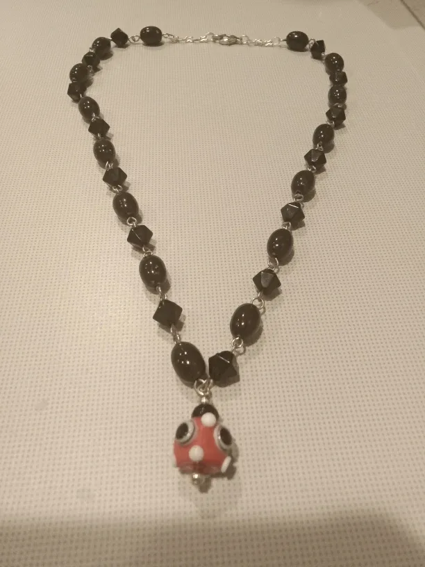 REAL Black Onyx Beaded Necklace with Ladybug Charm