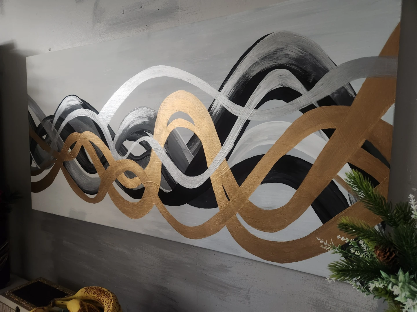 Abstract Wave Painting - Black, Gold, and Silver