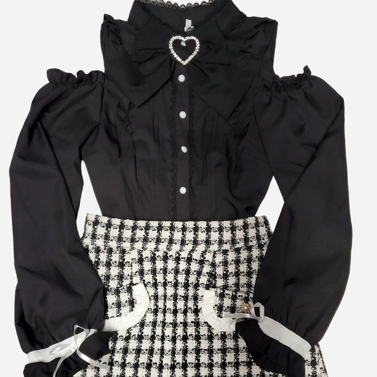 Black ruffle open shoulder bow blouse/top - photo 2