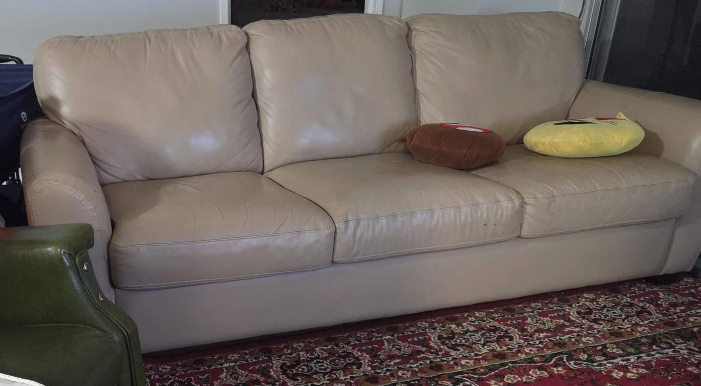 Beige Leather Sofa - Three Seater