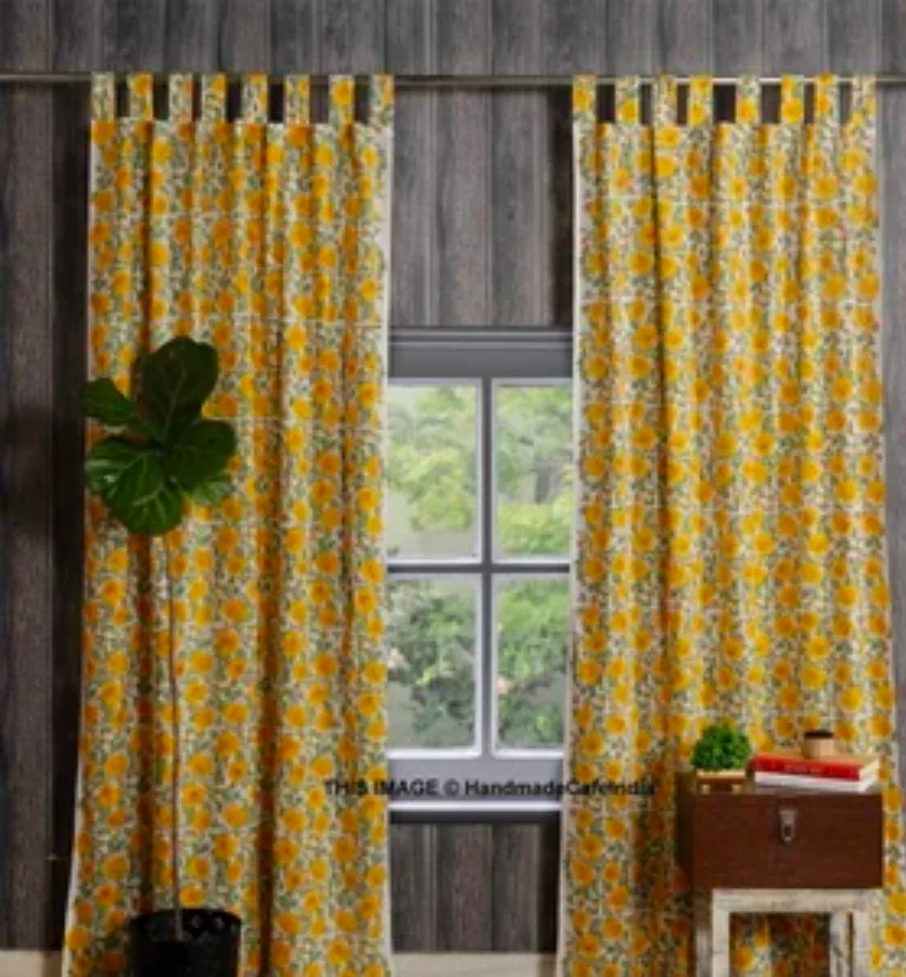 Yellow Floral Cotton Curtains 85x85 inch