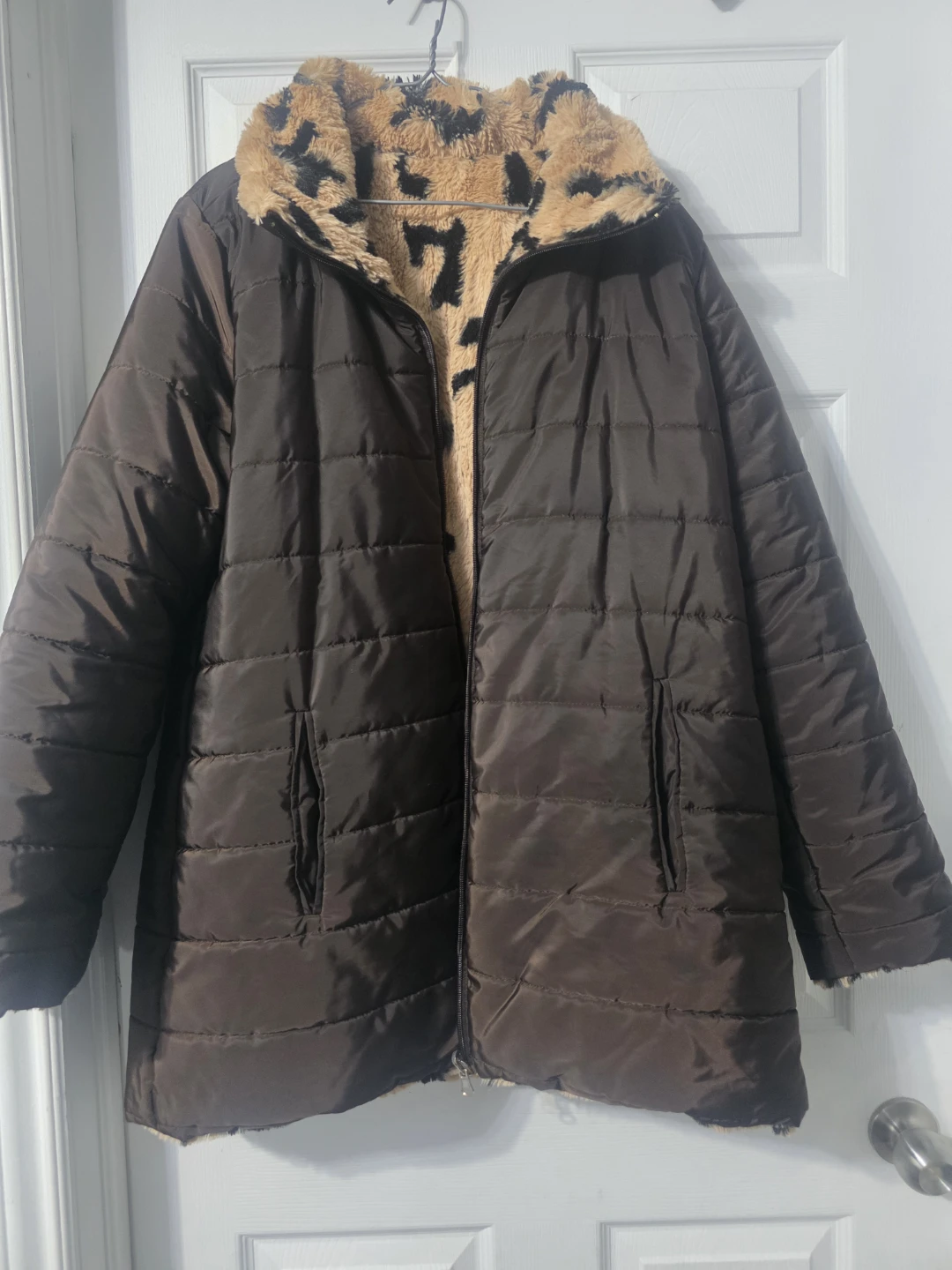 Brown Puffer Jacket with Leopard Print Lining