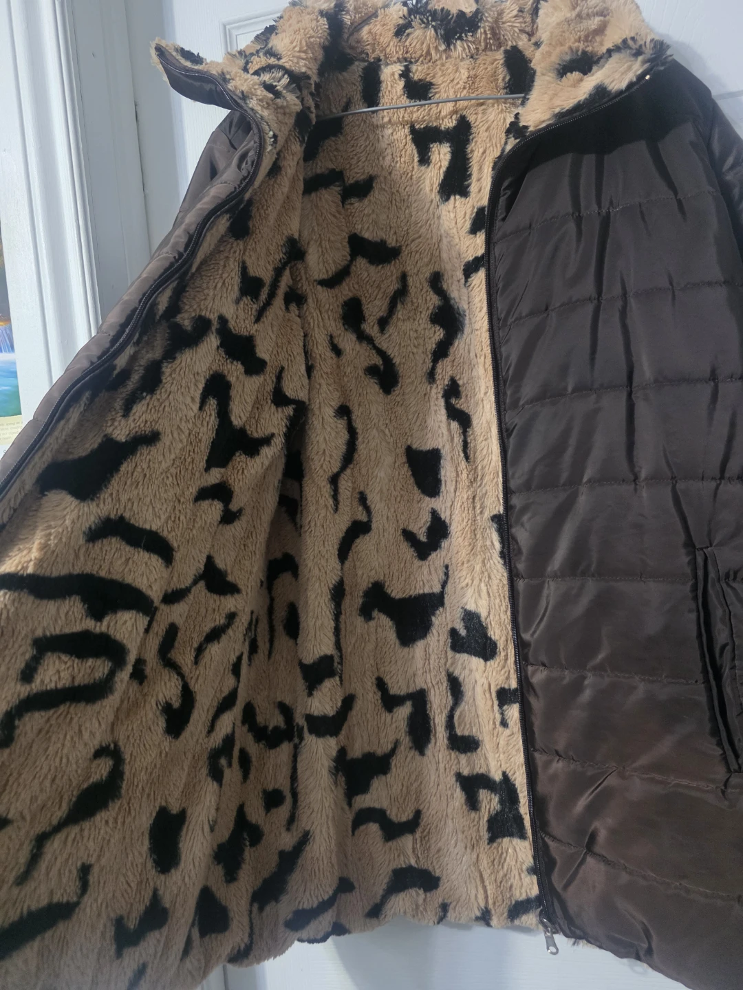 Brown Puffer Jacket with Leopard Print Lining - photo 5