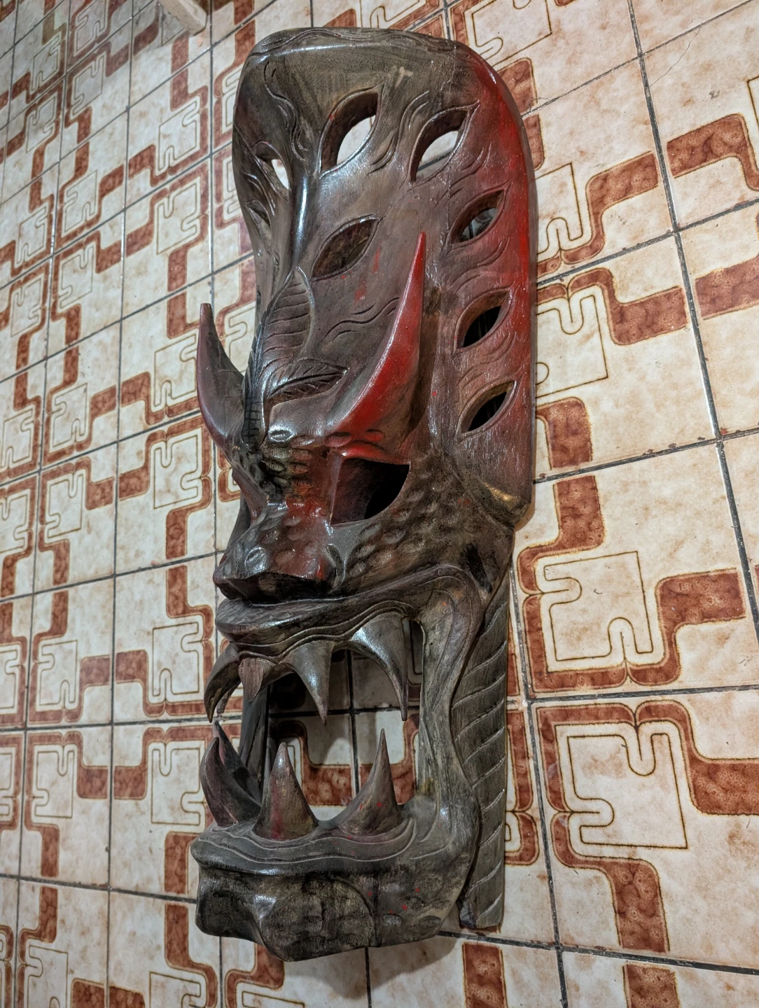 Hand-carved wooden Filipino Bakunawa dragon tribal mask. 32inch