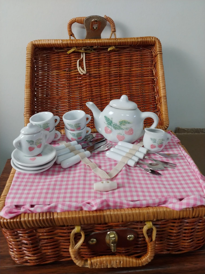 Vintage Strawberry Tea Set in Wicker Basket
