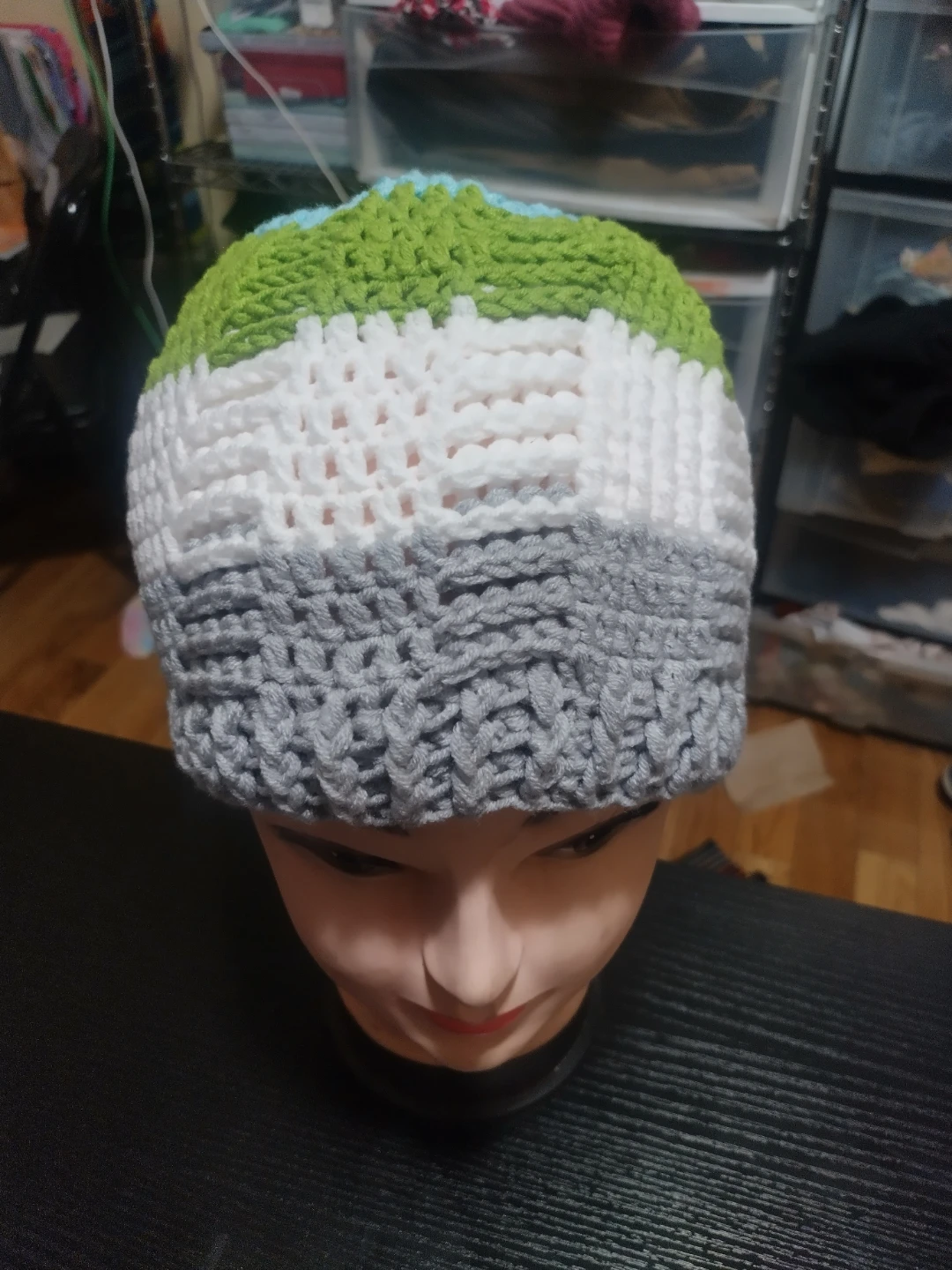 Handmade Knit Beanie - Gray, White, Green