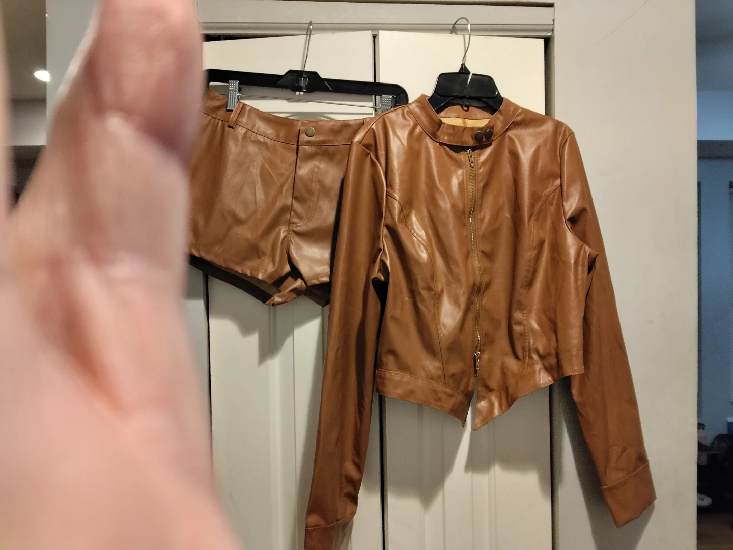 Brown Faux Leather Jacket & Shorts Set