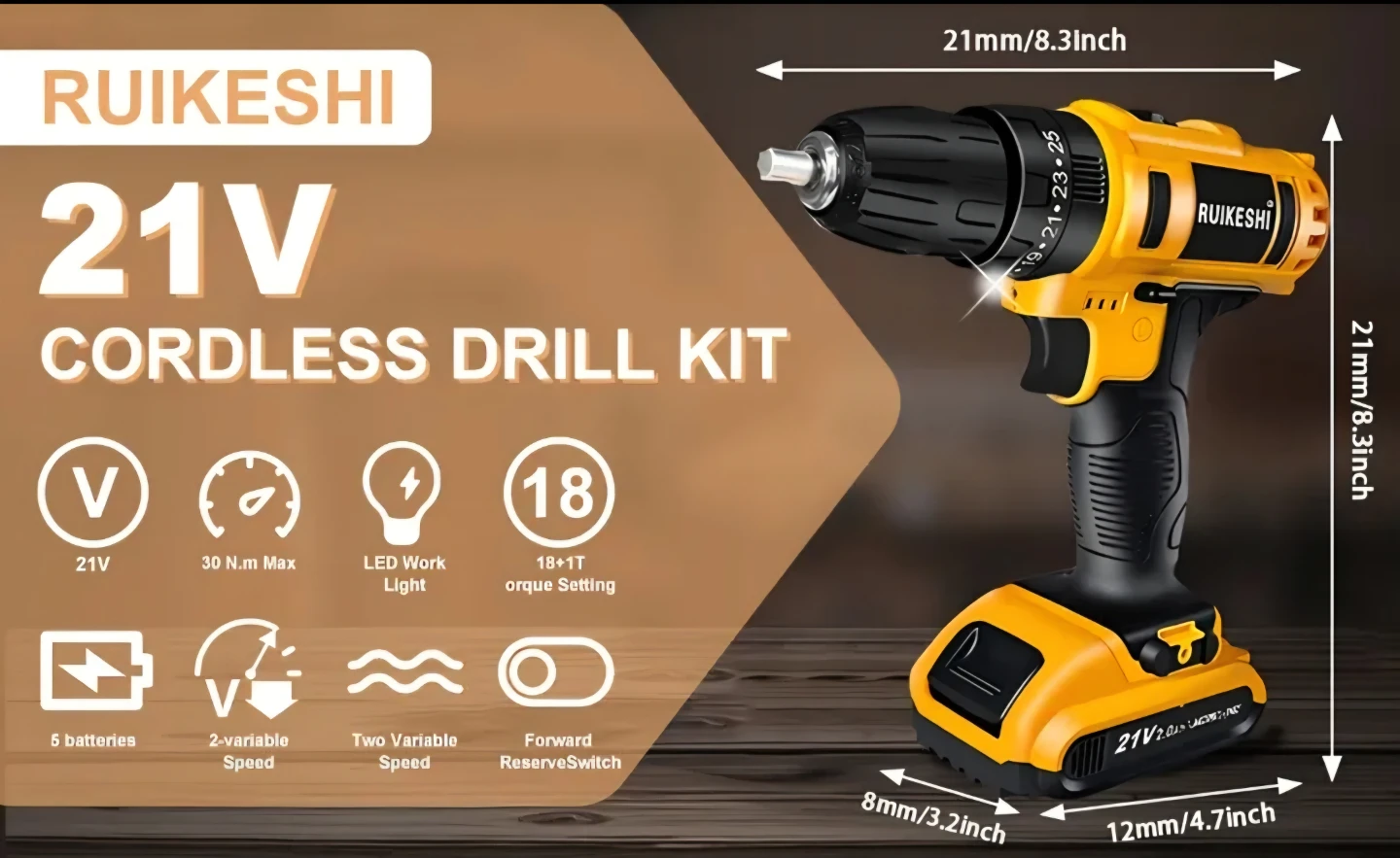 RUIKESHI 21V Cordless Drill Kit - Brand New! - photo 2