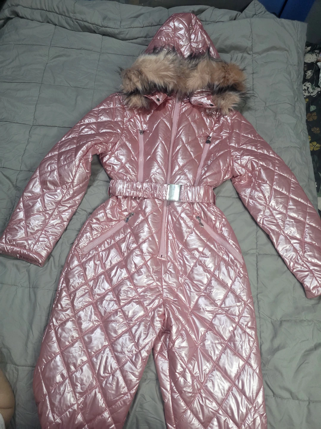 Pink Quilted Snowsuit with Fur Hood