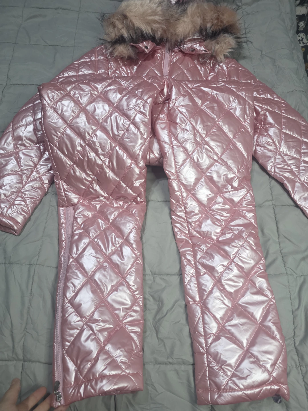 Pink Quilted Snowsuit with Fur Hood - photo 3