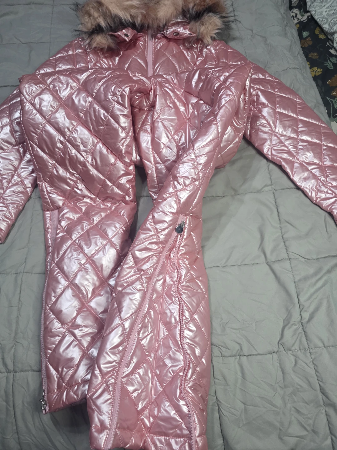 Pink Quilted Snowsuit with Fur Hood - photo 4