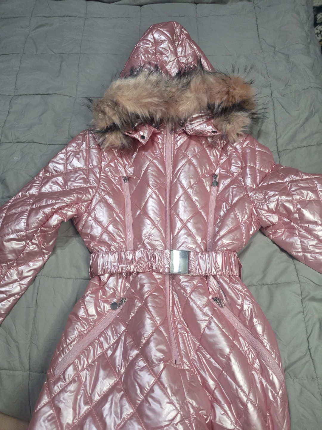 Pink Quilted Snowsuit with Fur Hood - photo 5